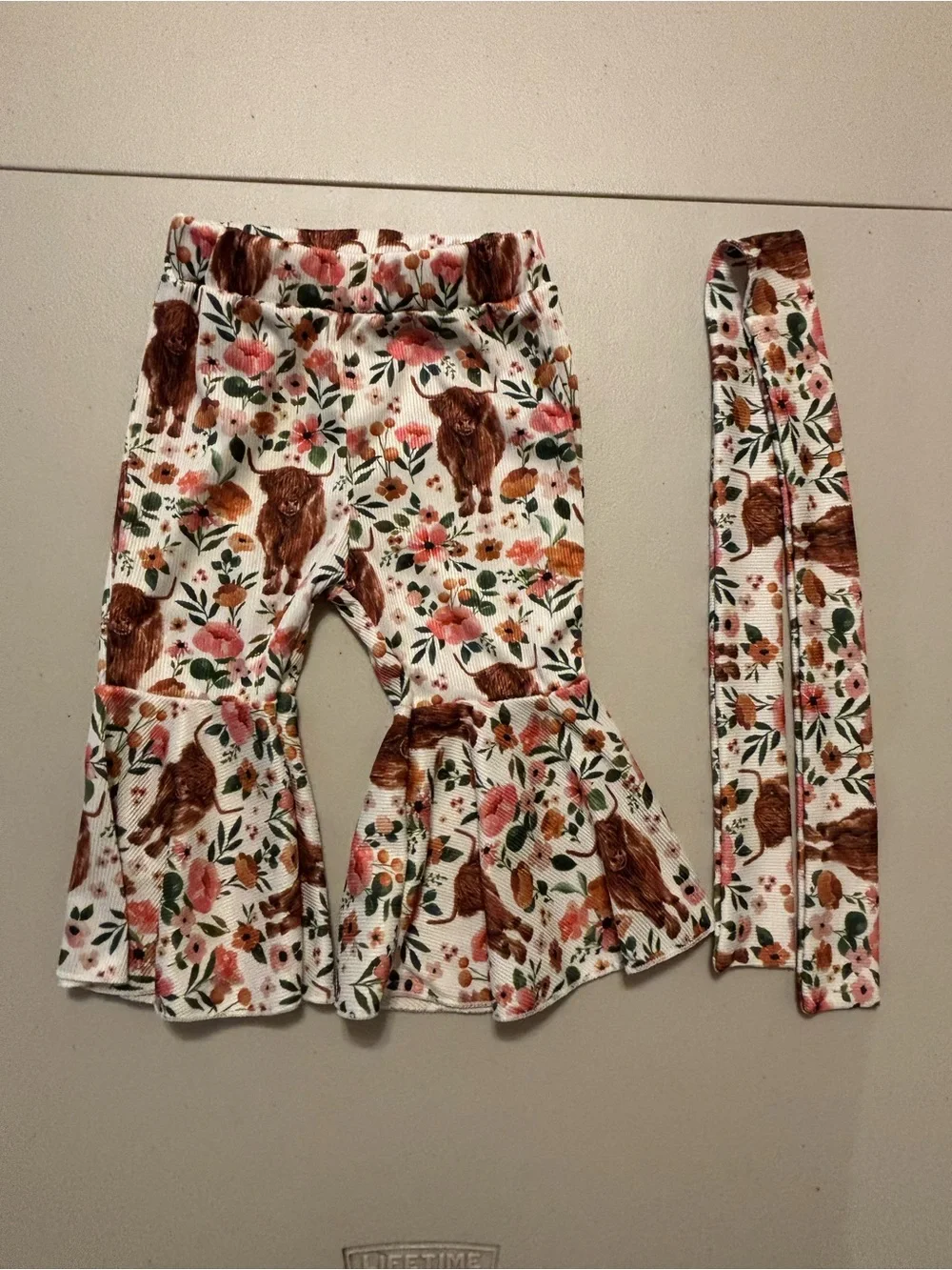 Floral & Brown Highland Cow Ruffle Pants with Matching Headband  0034S